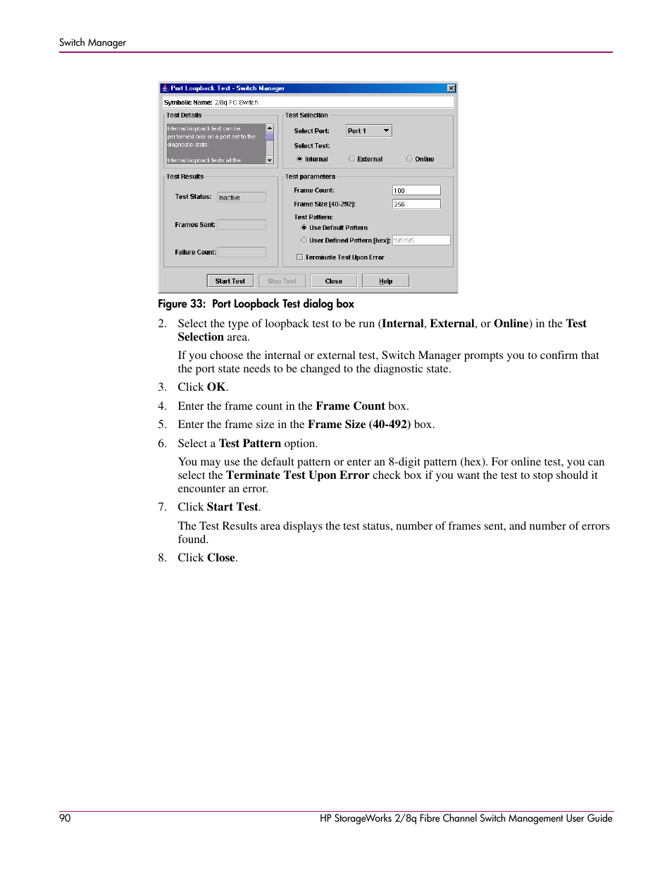 33 port loopback test dialog box, Layed, Figure 33 | HP 2/8q Fibre Channel User Manual | Page 90 / 188