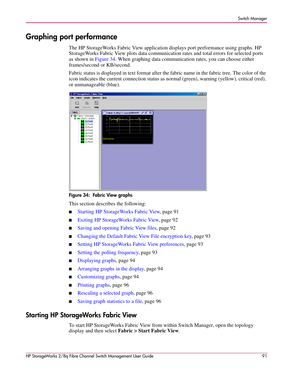 Graphing port performance, Starting hp storageworks fabric view, 34 fabric view graphs | HP 2/8q Fibre Channel User Manual | Page 91 / 188