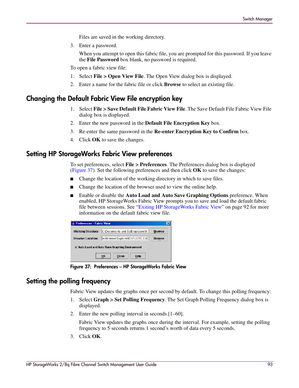 Setting hp storageworks fabric view preferences, Setting the polling frequency, 37 preferences – hp storageworks fabric view | Ault). see, For more | HP 2/8q Fibre Channel User Manual | Page 93 / 188