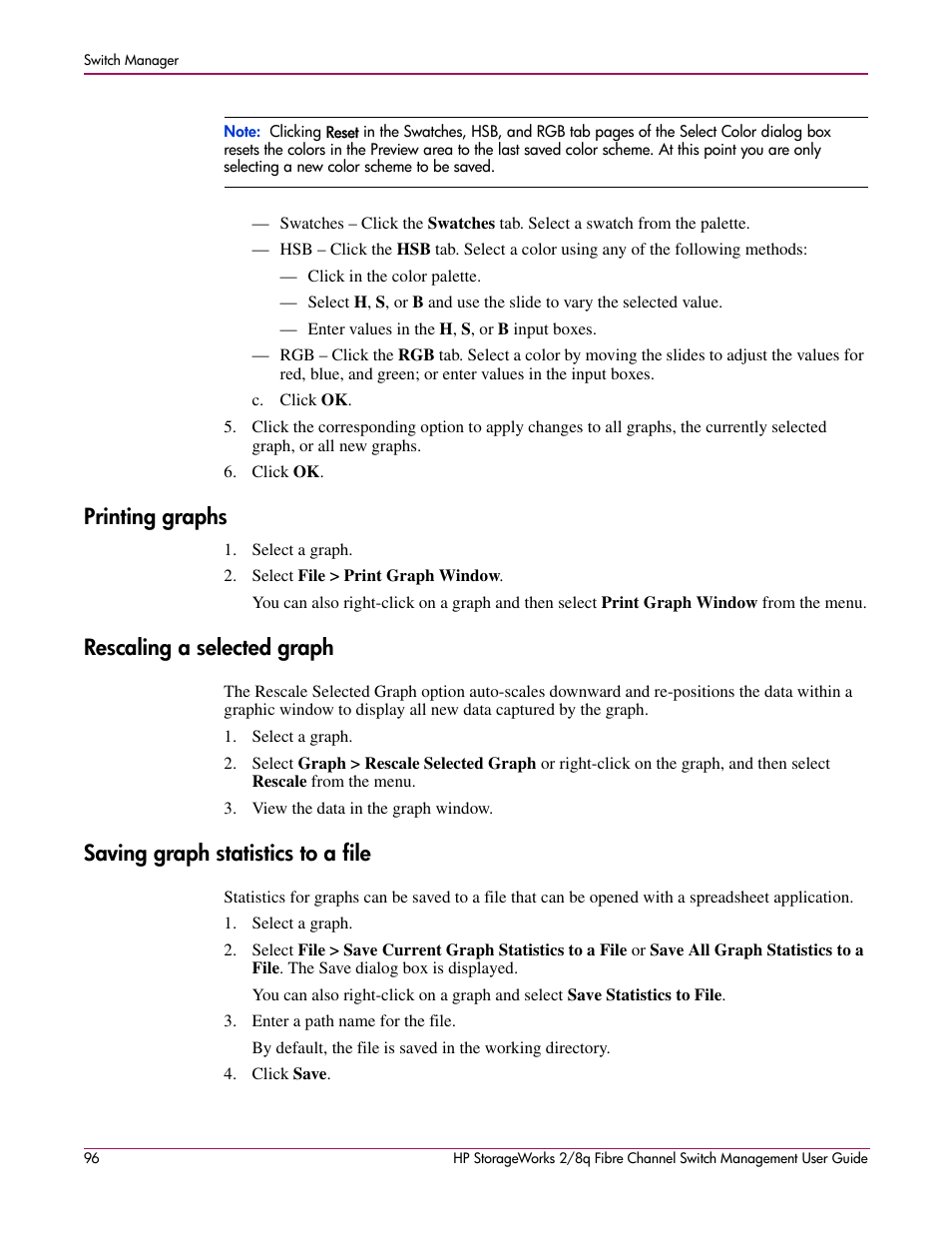 Printing graphs, Rescaling a selected graph, Saving graph statistics to a file | HP 2/8q Fibre Channel User Manual | Page 96 / 188
