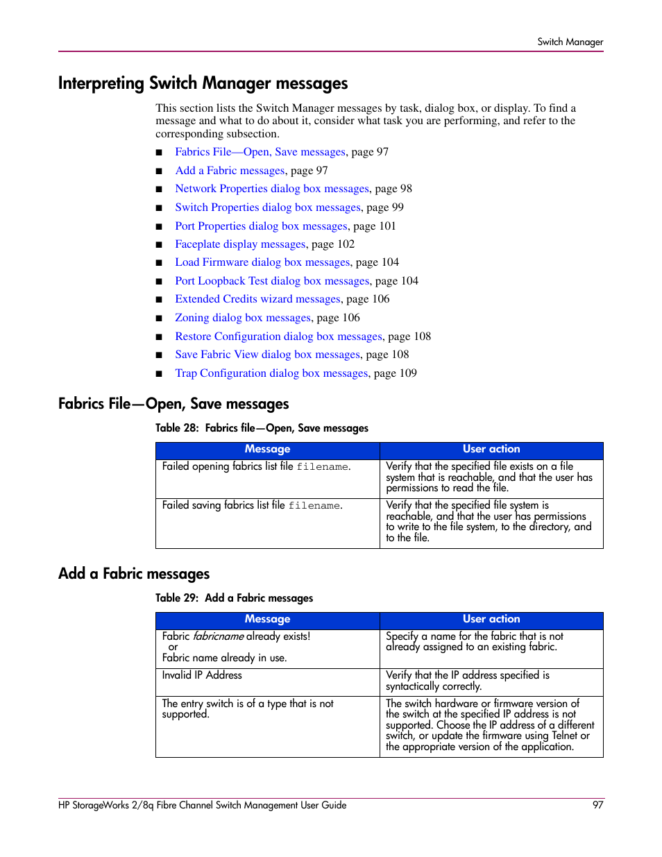 Interpreting switch manager messages, Fabrics file-open, save messages, Add a fabric messages | HP 2/8q Fibre Channel User Manual | Page 97 / 188