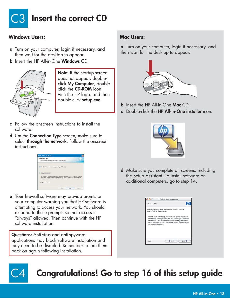 C3 c4, Insert the correct cd | HP C6100 User Manual | Page 13 / 16