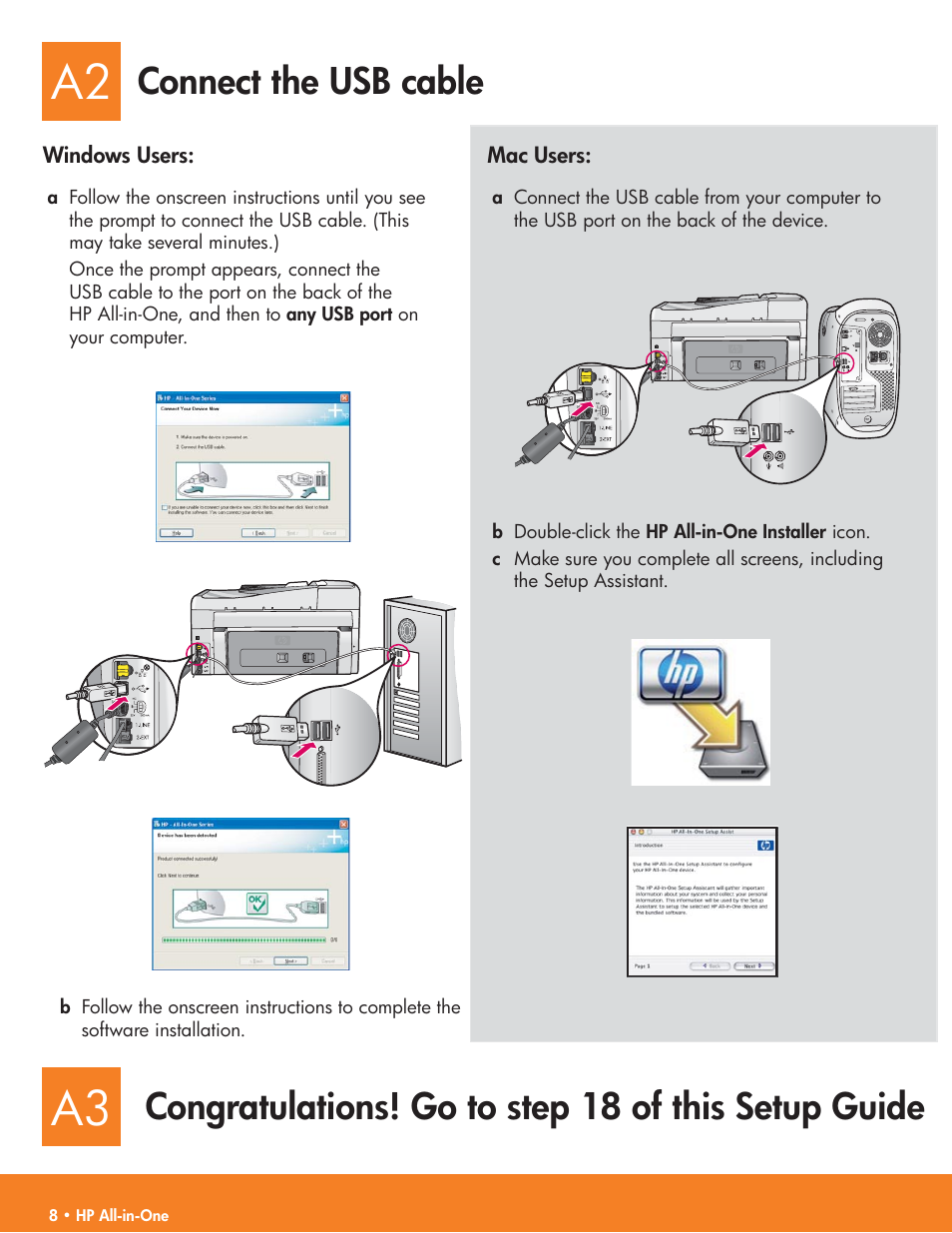 A2 a3, Connect the usb cable | HP C6100 User Manual | Page 8 / 16