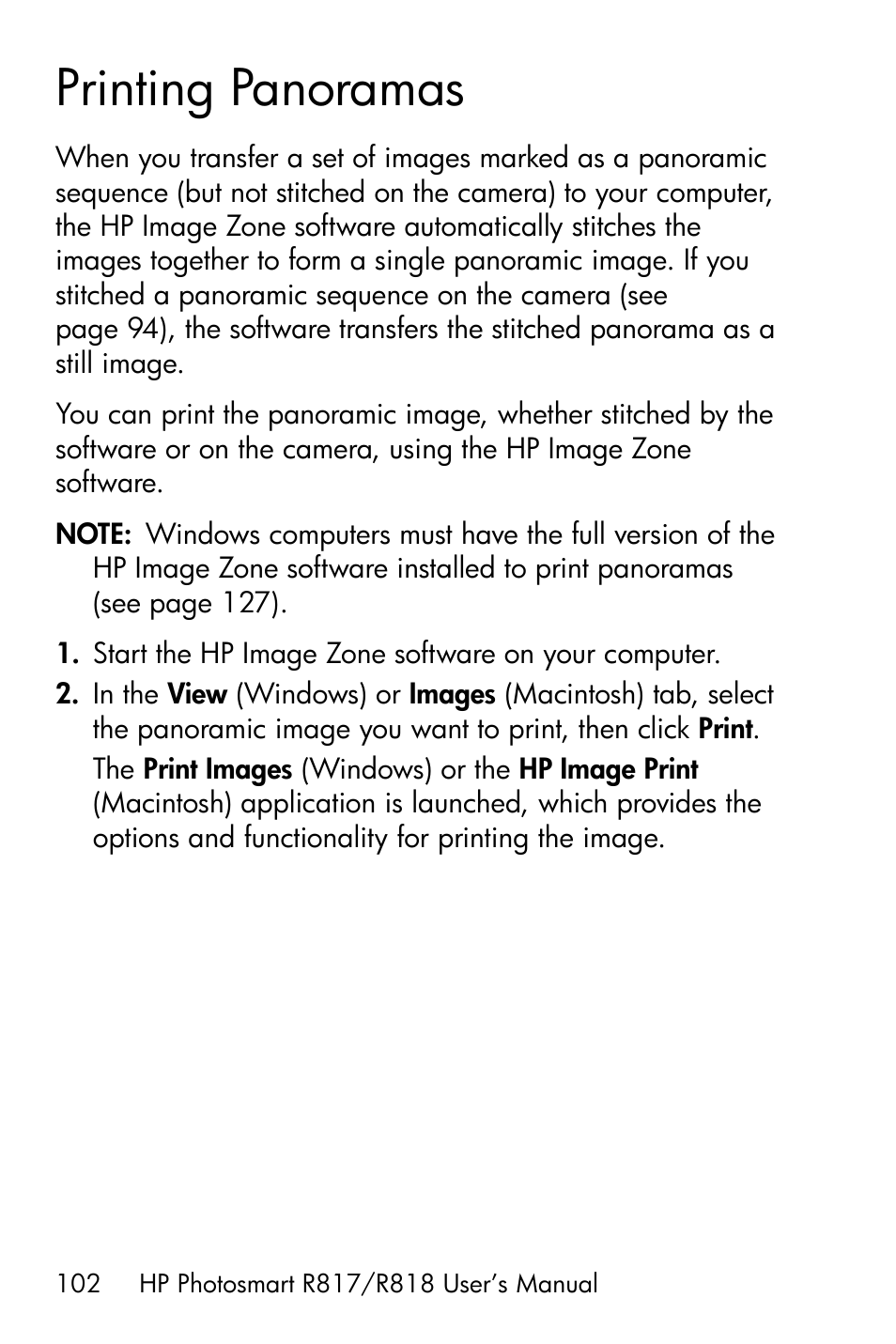 Printing panoramas | HP R818 User Manual | Page 102 / 200