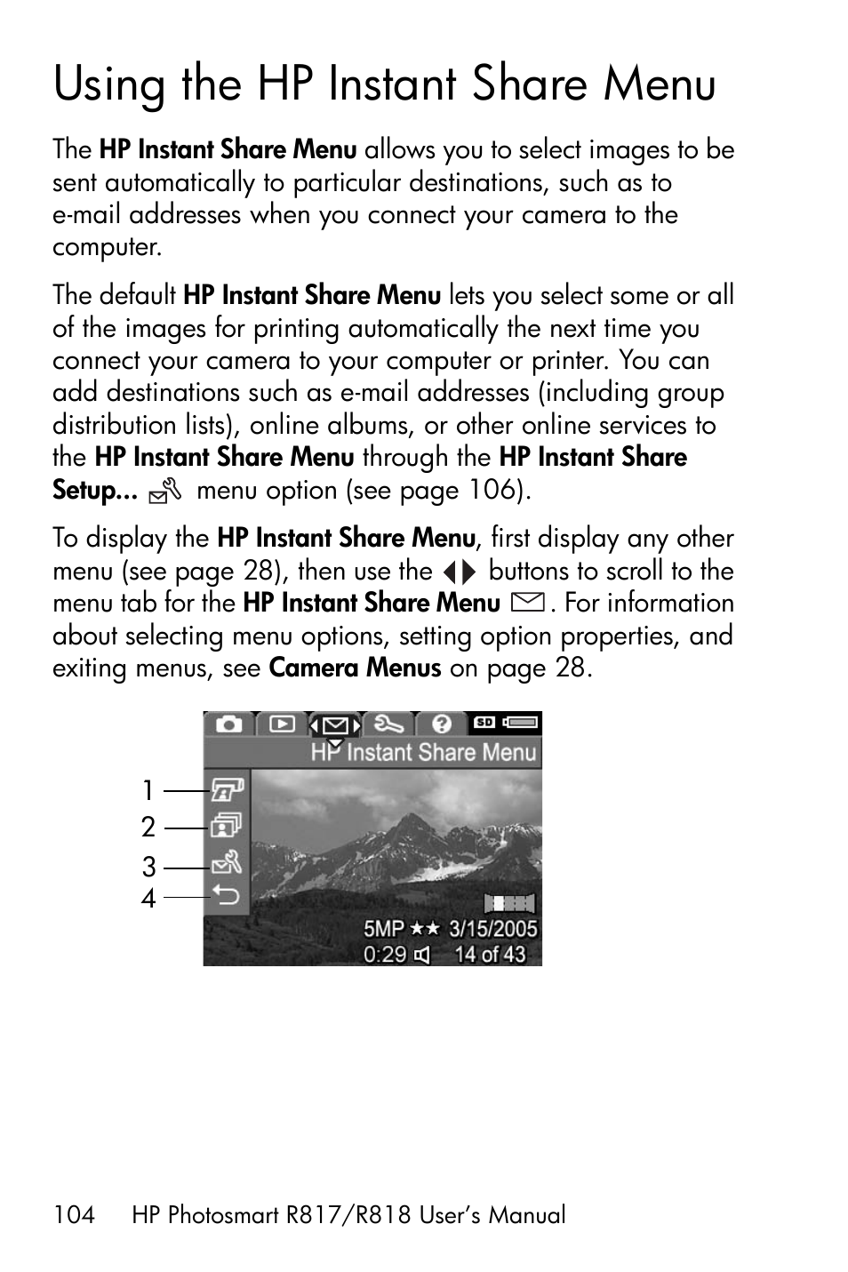 Using the hp instant share menu, Using the hp instant | HP R818 User Manual | Page 104 / 200