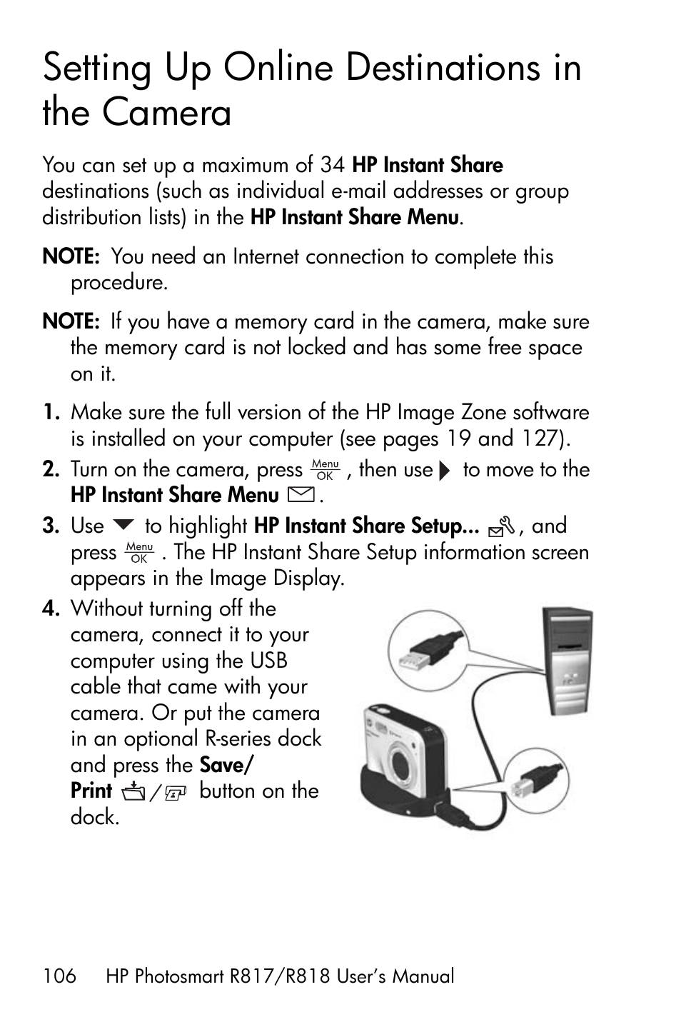 Setting up online destinations in the camera | HP R818 User Manual | Page 106 / 200