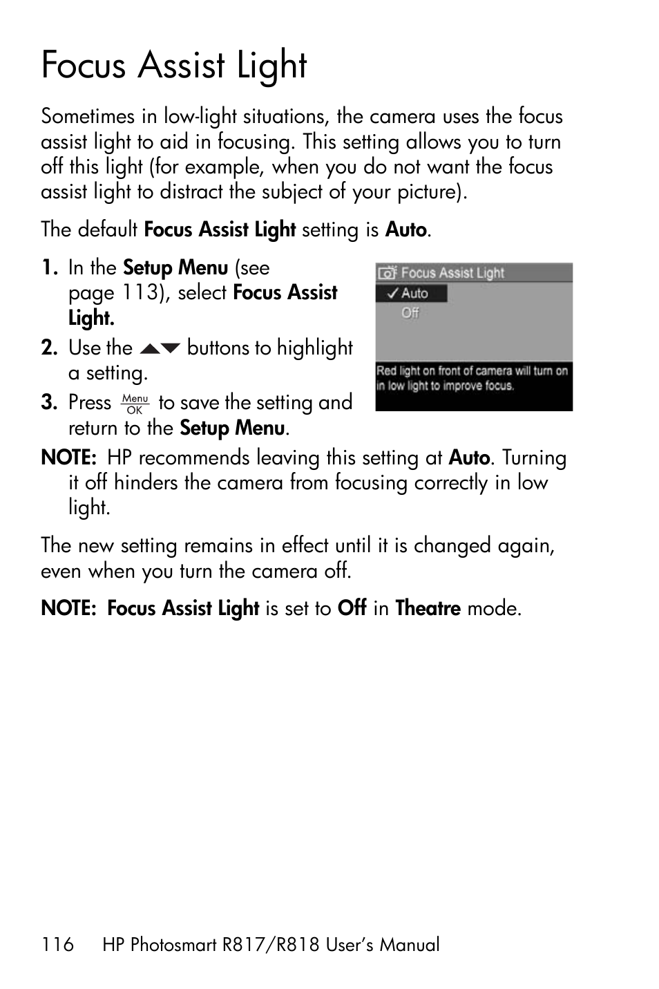 Focus assist light, 115, and 116) | HP R818 User Manual | Page 116 / 200