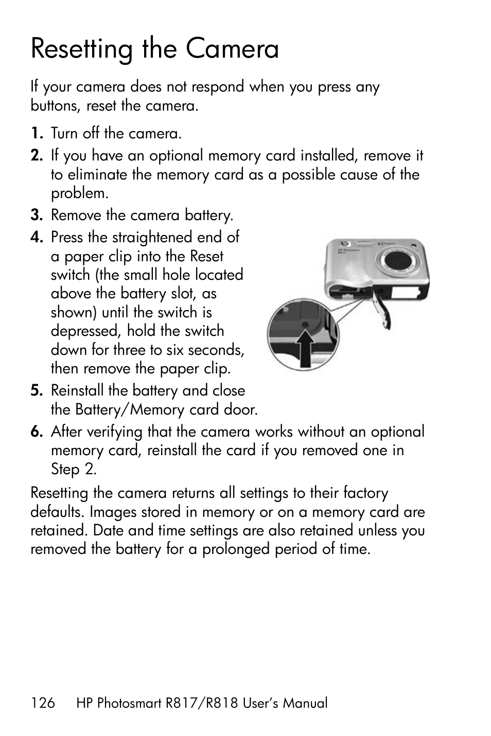 Resetting the camera | HP R818 User Manual | Page 126 / 200