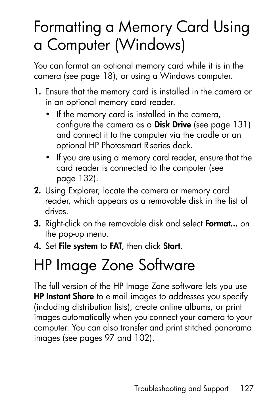 Hp image zone software, Formatting a memory card using a computer, Windows) | Hp image zone software on | HP R818 User Manual | Page 127 / 200