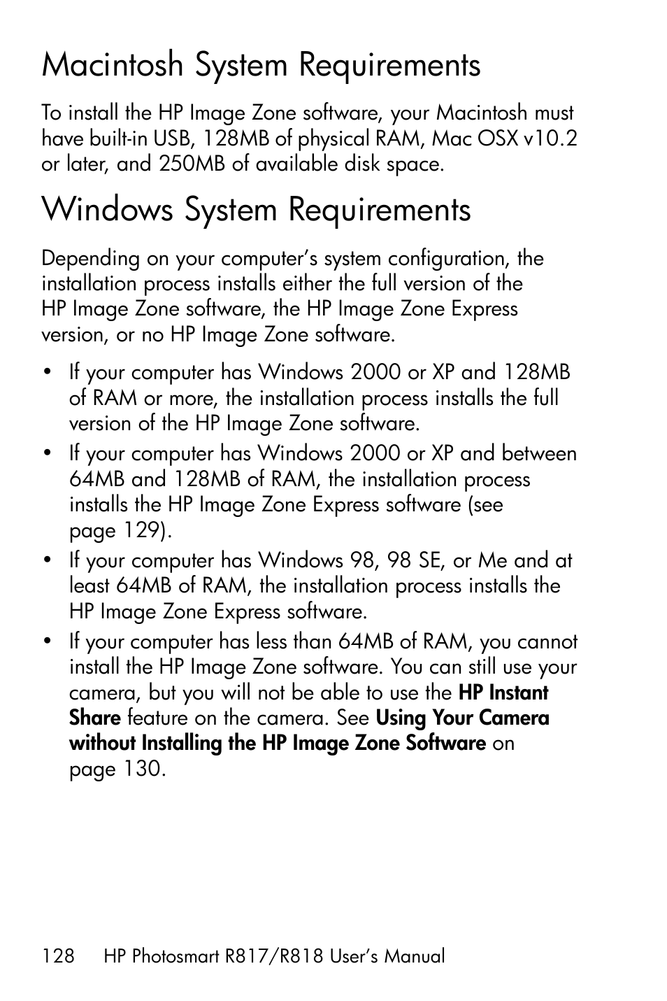 Macintosh system requirements, Windows system requirements | HP R818 User Manual | Page 128 / 200