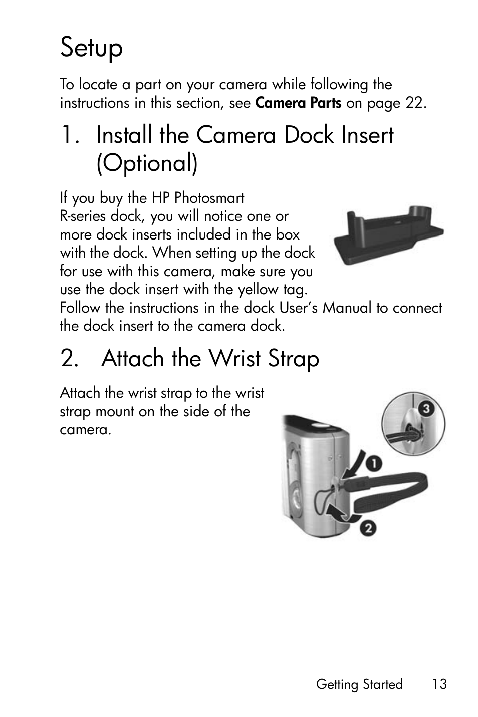 Setup, Install the camera dock insert (optional), Attach the wrist strap | 1 install the camera dock insert, Optional), 2 attach the wrist strap | HP R818 User Manual | Page 13 / 200