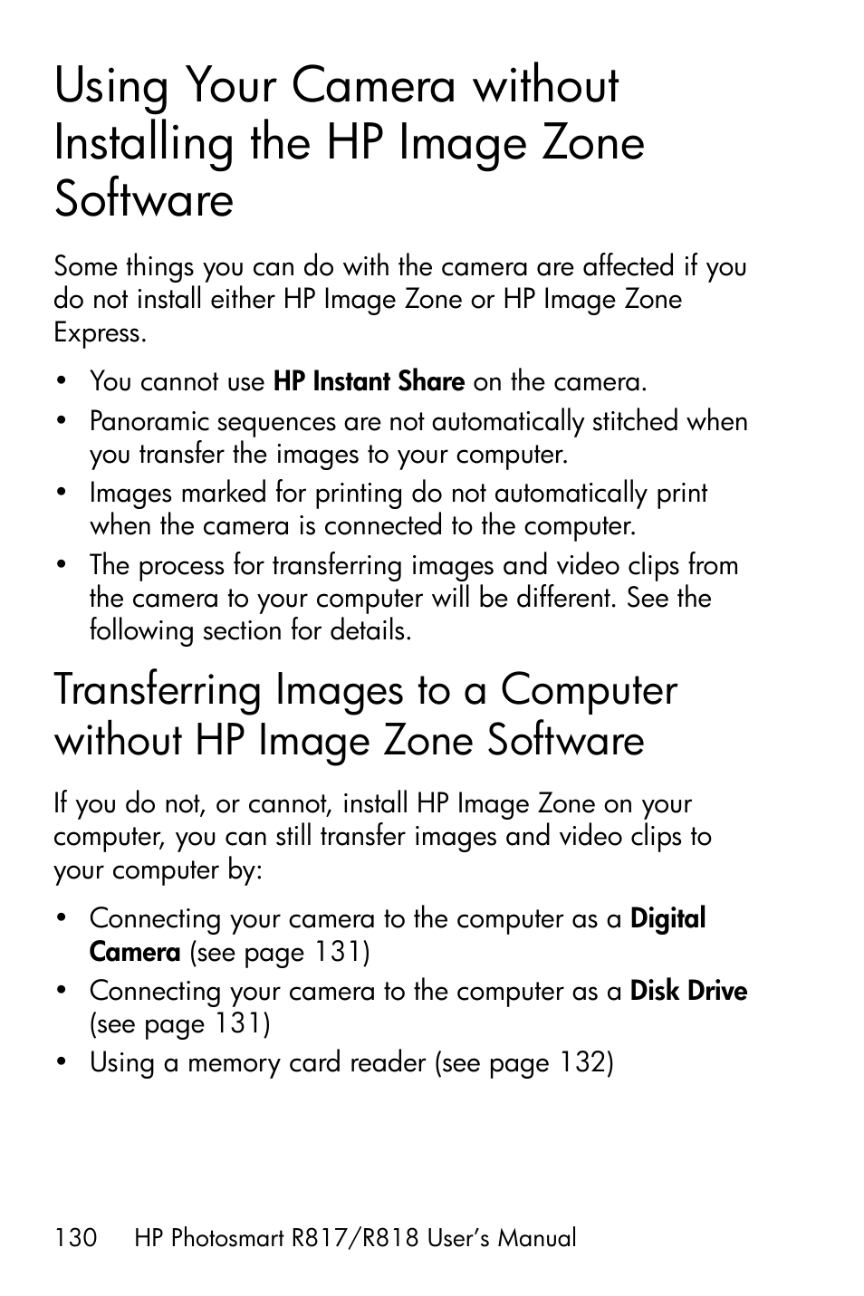 Using your camera without installing the, Hp image zone software, Transferring images to a computer without | Using your camera, Without installing the hp image zone software on | HP R818 User Manual | Page 130 / 200