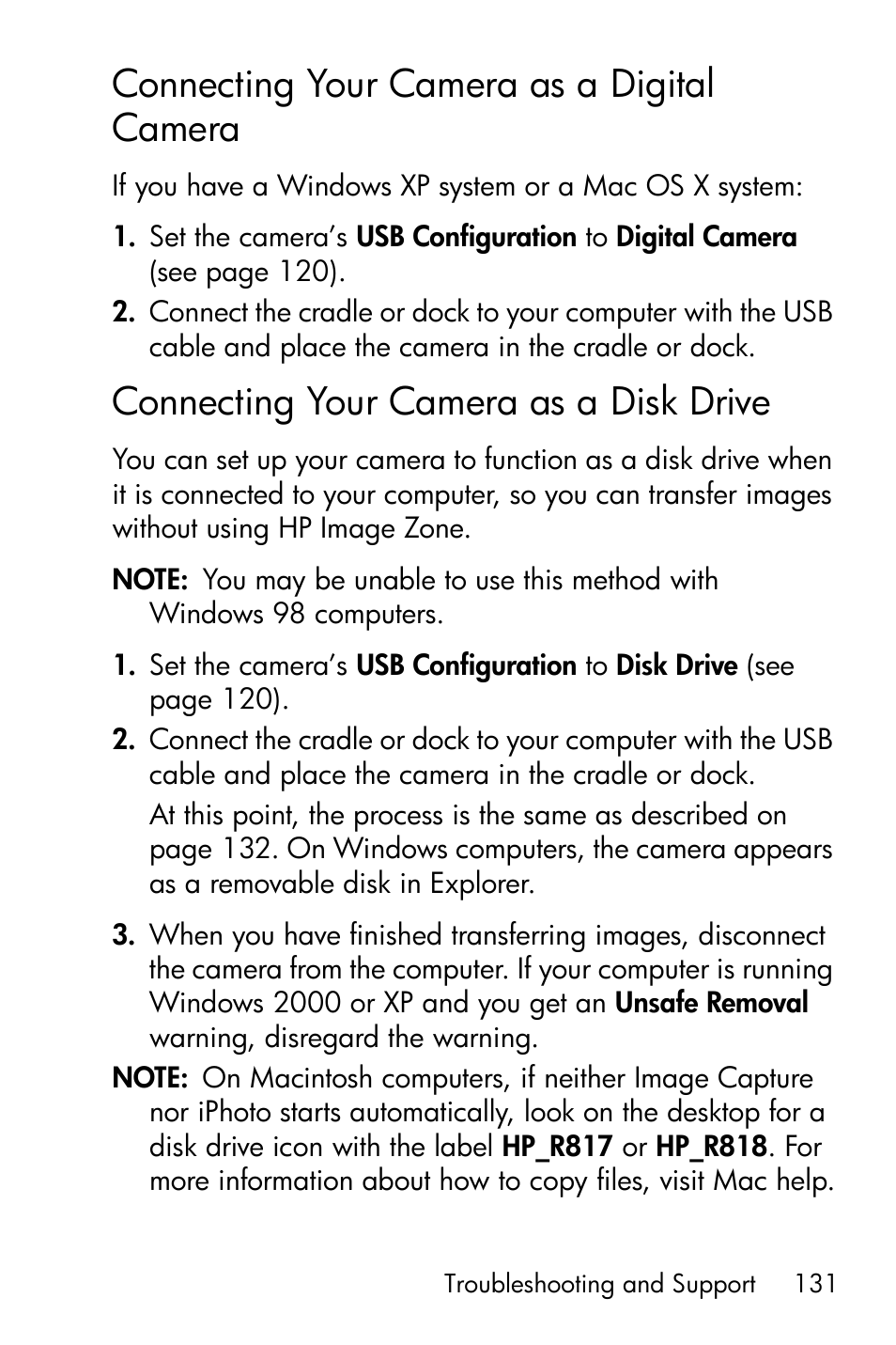 Connecting your camera as a digital camera, Connecting your camera as a disk drive, Connecting your camera as a | Digital camera, Disk drive | HP R818 User Manual | Page 131 / 200