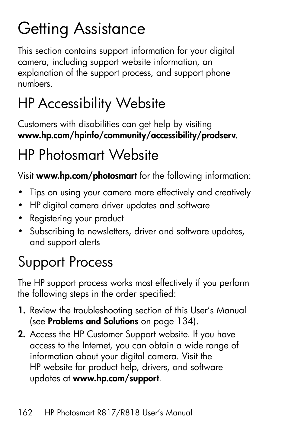 Getting assistance, Hp accessibility website, Hp photosmart website | Support process | HP R818 User Manual | Page 162 / 200