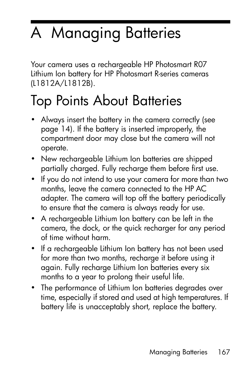 Managing batteries, Top points about batteries, Appendix a, managing | A managing batteries | HP R818 User Manual | Page 167 / 200