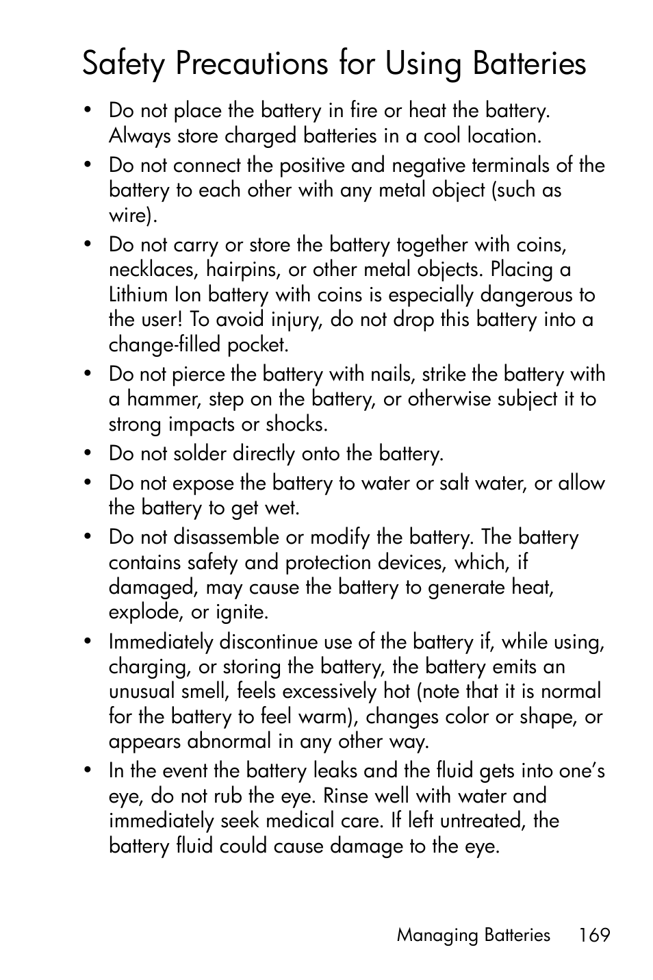 Safety precautions for using batteries | HP R818 User Manual | Page 169 / 200