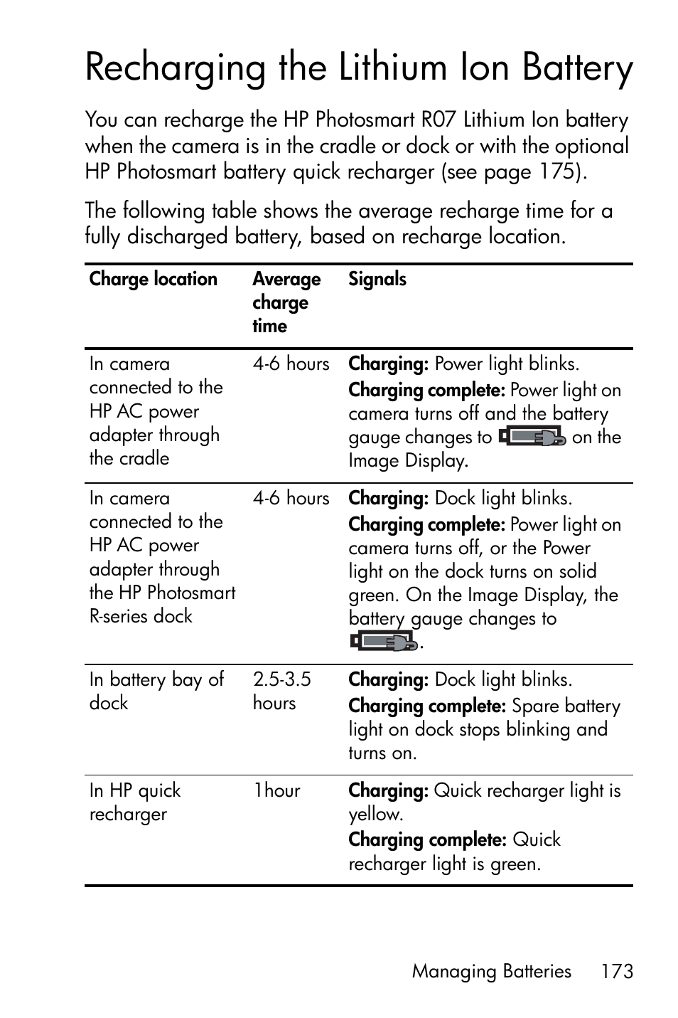 Recharging the lithium ion battery | HP R818 User Manual | Page 173 / 200