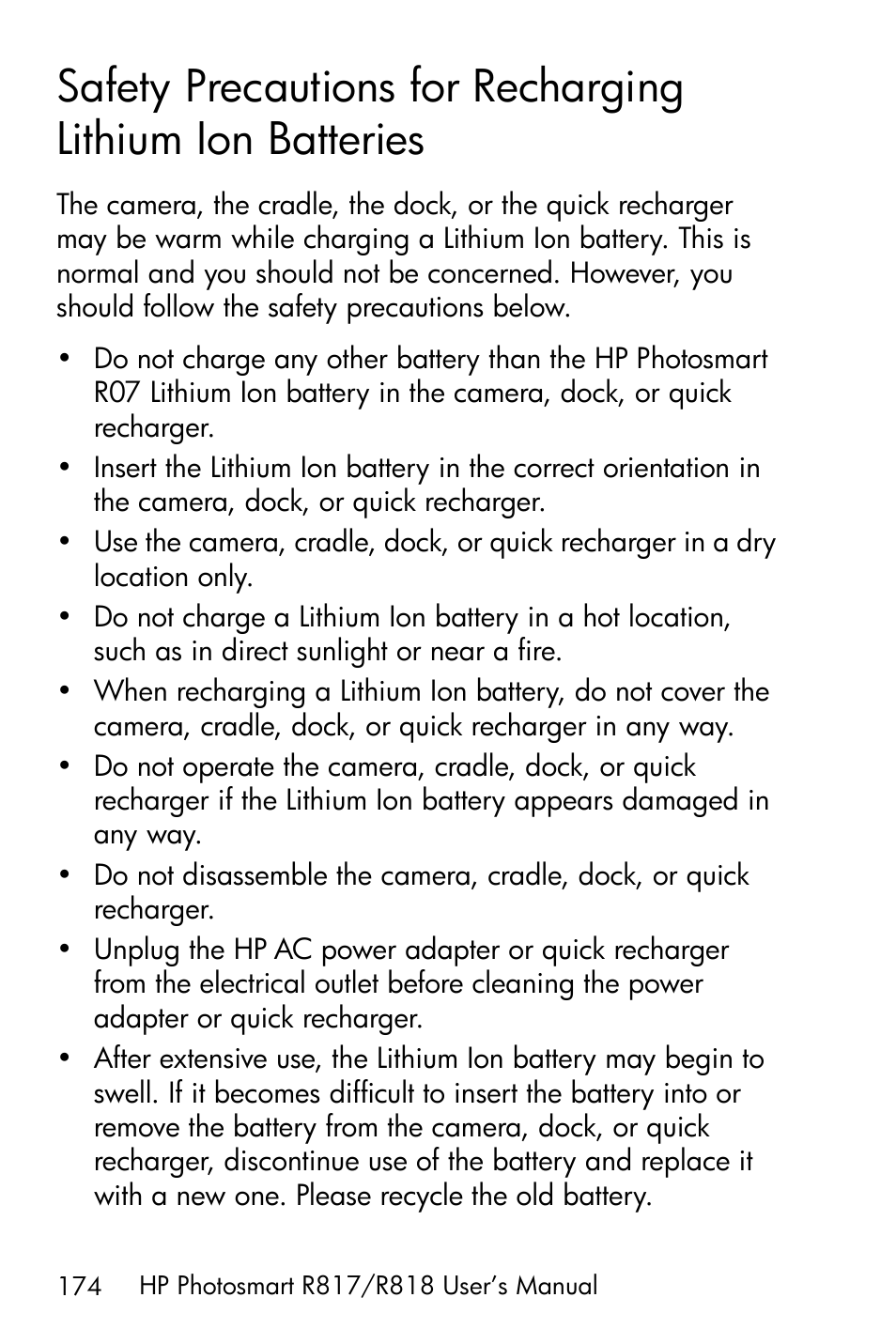 Safety precautions for recharging, Lithium ion batteries | HP R818 User Manual | Page 174 / 200