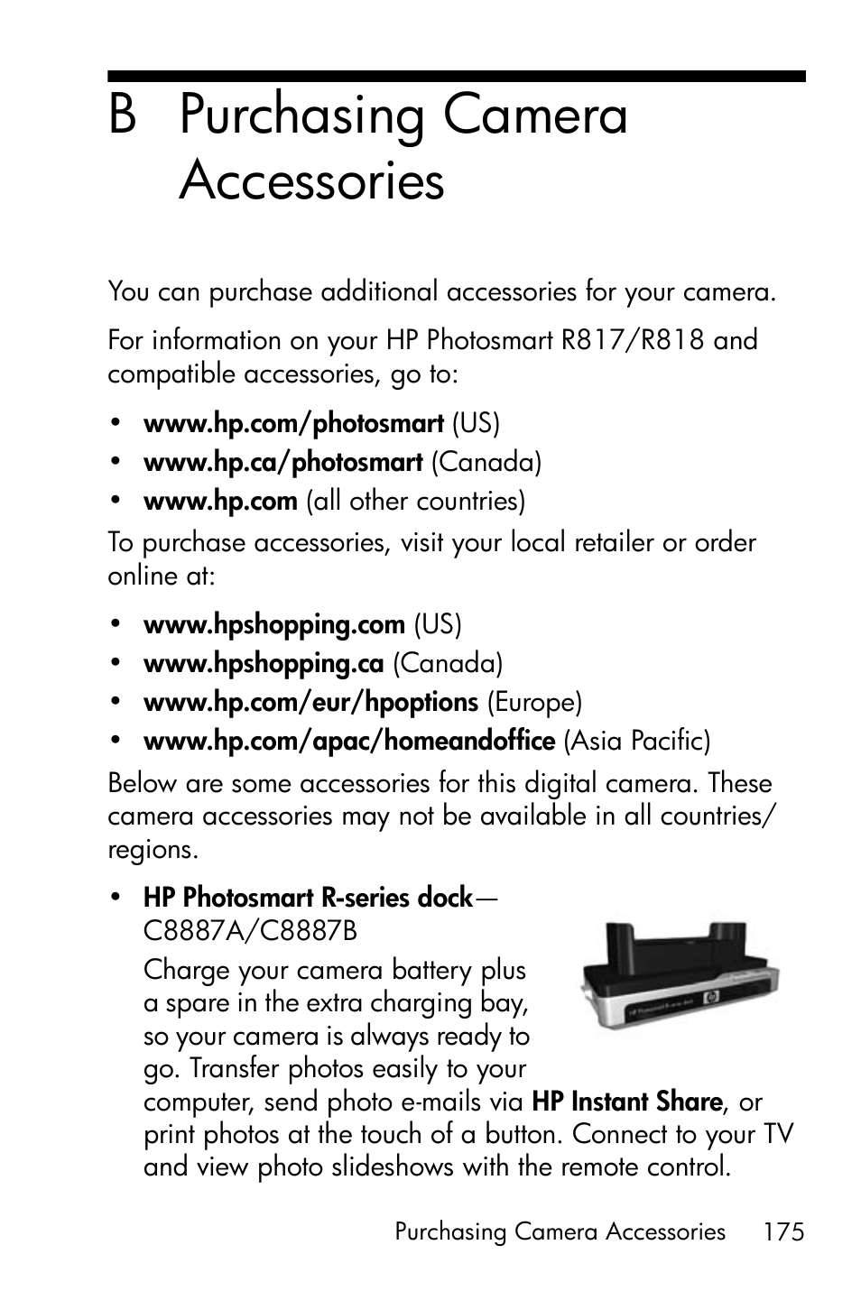 Purchasing camera accessories, B purchasing camera accessories | HP R818 User Manual | Page 175 / 200