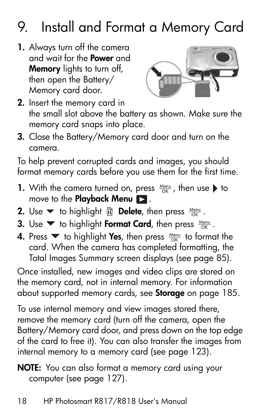 Install and format a memory card, 9 install and format a memory card | HP R818 User Manual | Page 18 / 200