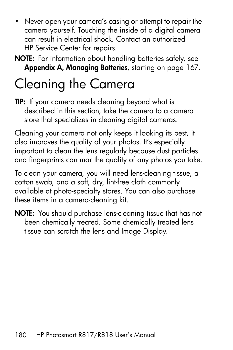 Cleaning the camera | HP R818 User Manual | Page 180 / 200