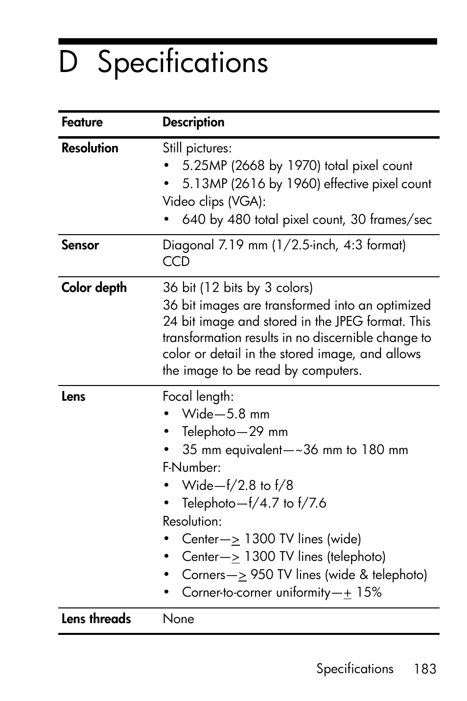 Specifications, D specifications | HP R818 User Manual | Page 183 / 200