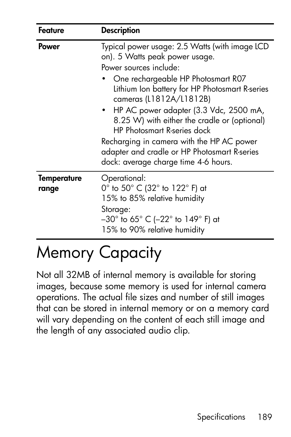 Memory capacity, Memory | HP R818 User Manual | Page 189 / 200