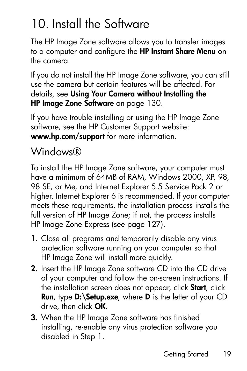 Install the software, Windows, 10 install the software | HP R818 User Manual | Page 19 / 200