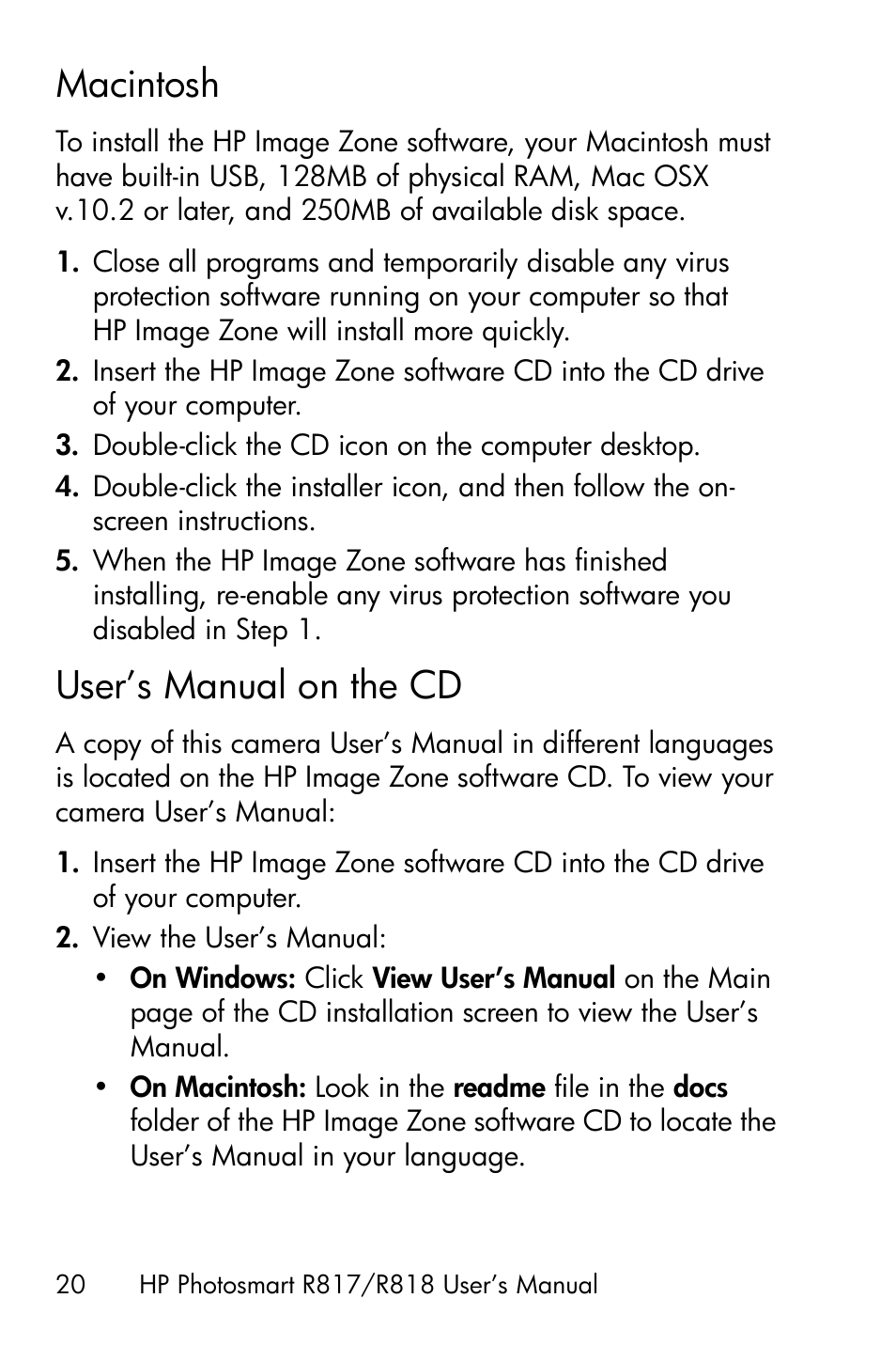 Macintosh, User’s manual on the cd | HP R818 User Manual | Page 20 / 200