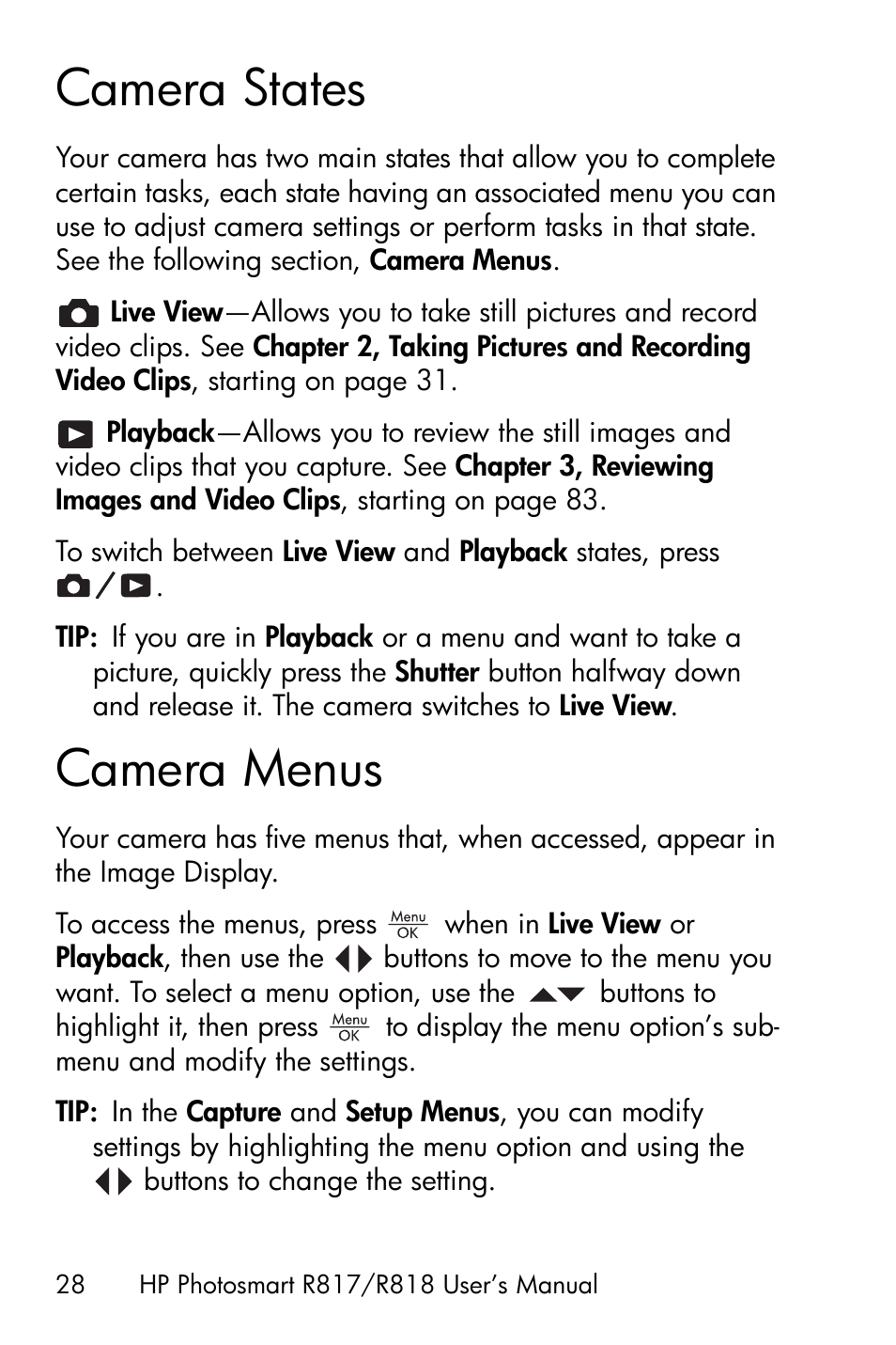 Camera states, Camera menus | HP R818 User Manual | Page 28 / 200