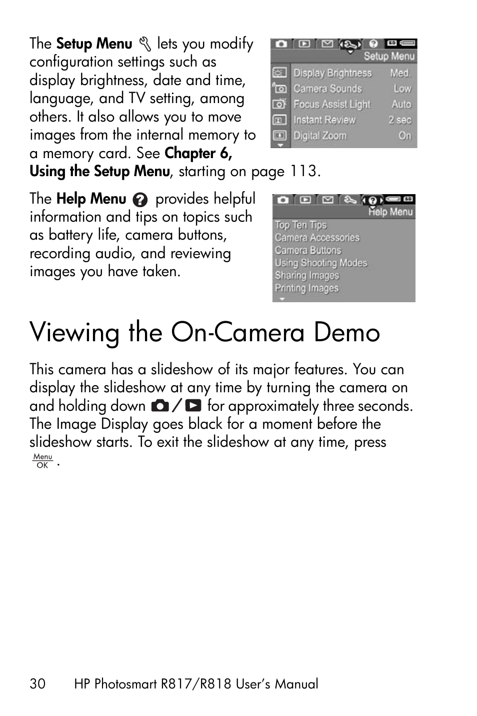 Viewing the on-camera demo | HP R818 User Manual | Page 30 / 200