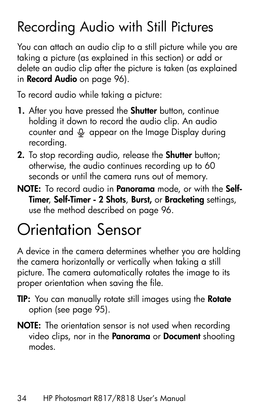 Recording audio with still pictures, Orientation sensor | HP R818 User Manual | Page 34 / 200