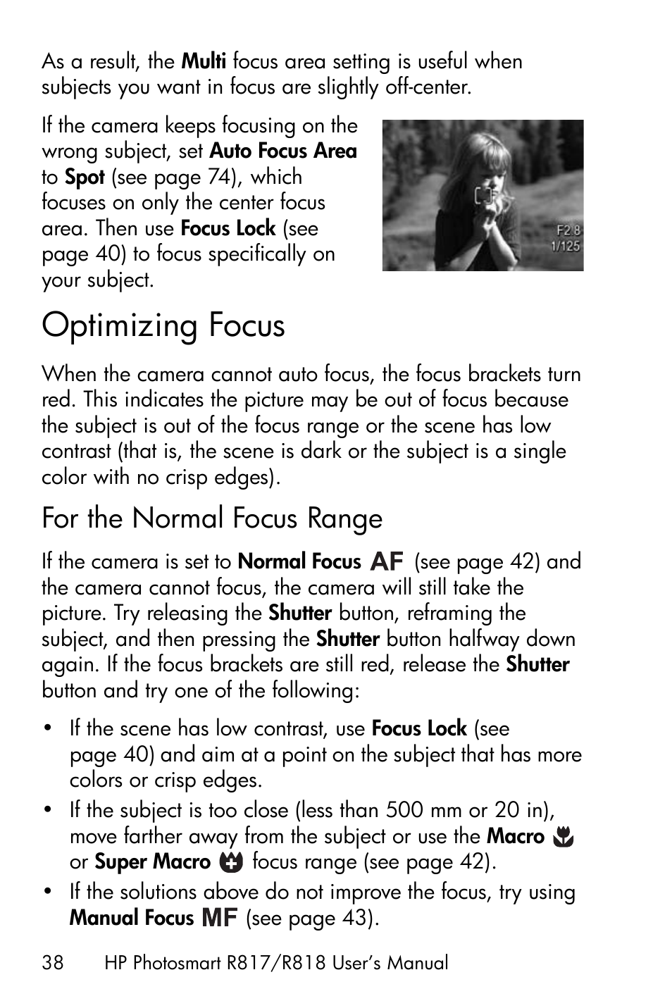 Optimizing focus, For the normal focus range | HP R818 User Manual | Page 38 / 200