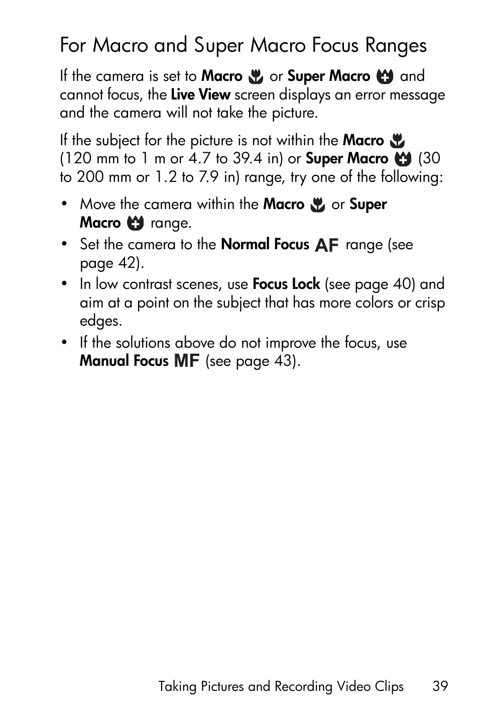 For macro and super macro focus ranges, For macro and super macro, Focus ranges | HP R818 User Manual | Page 39 / 200