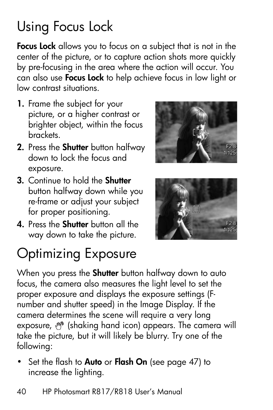 Using focus lock, Optimizing exposure, Optimizing | HP R818 User Manual | Page 40 / 200