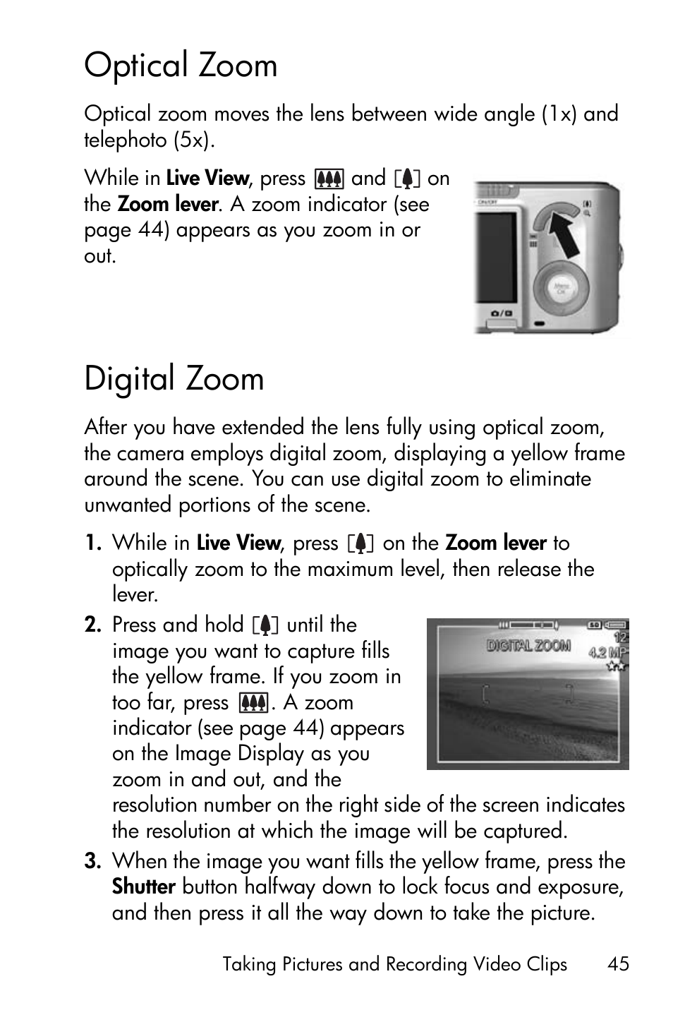Optical zoom, Digital zoom | HP R818 User Manual | Page 45 / 200