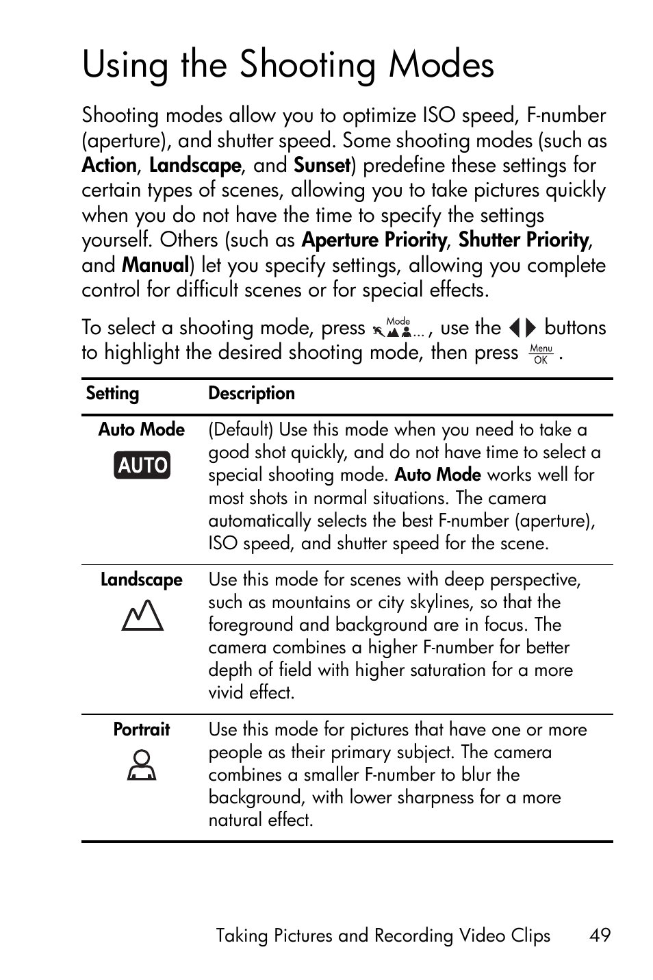 Using the shooting modes | HP R818 User Manual | Page 49 / 200