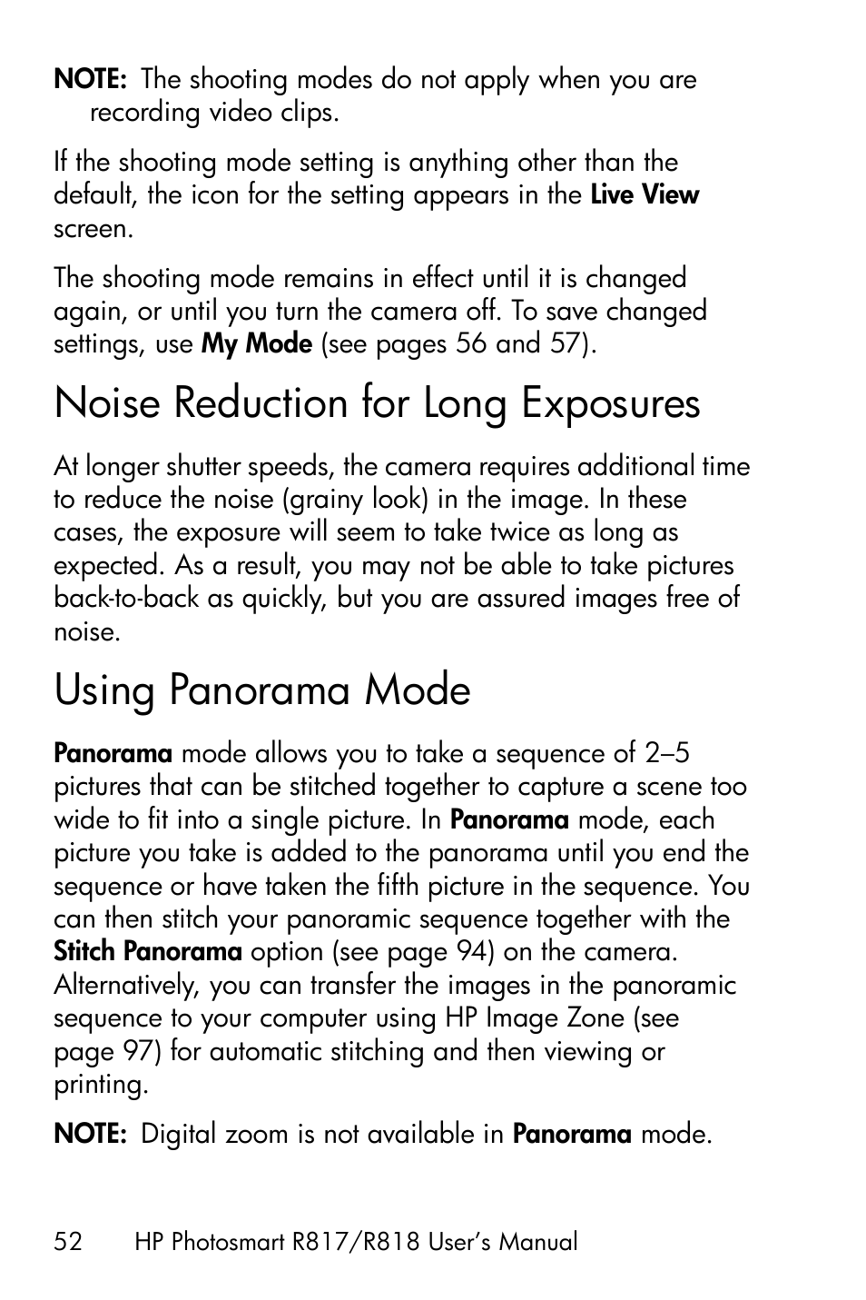 Noise reduction for long exposures, Using panorama mode | HP R818 User Manual | Page 52 / 200