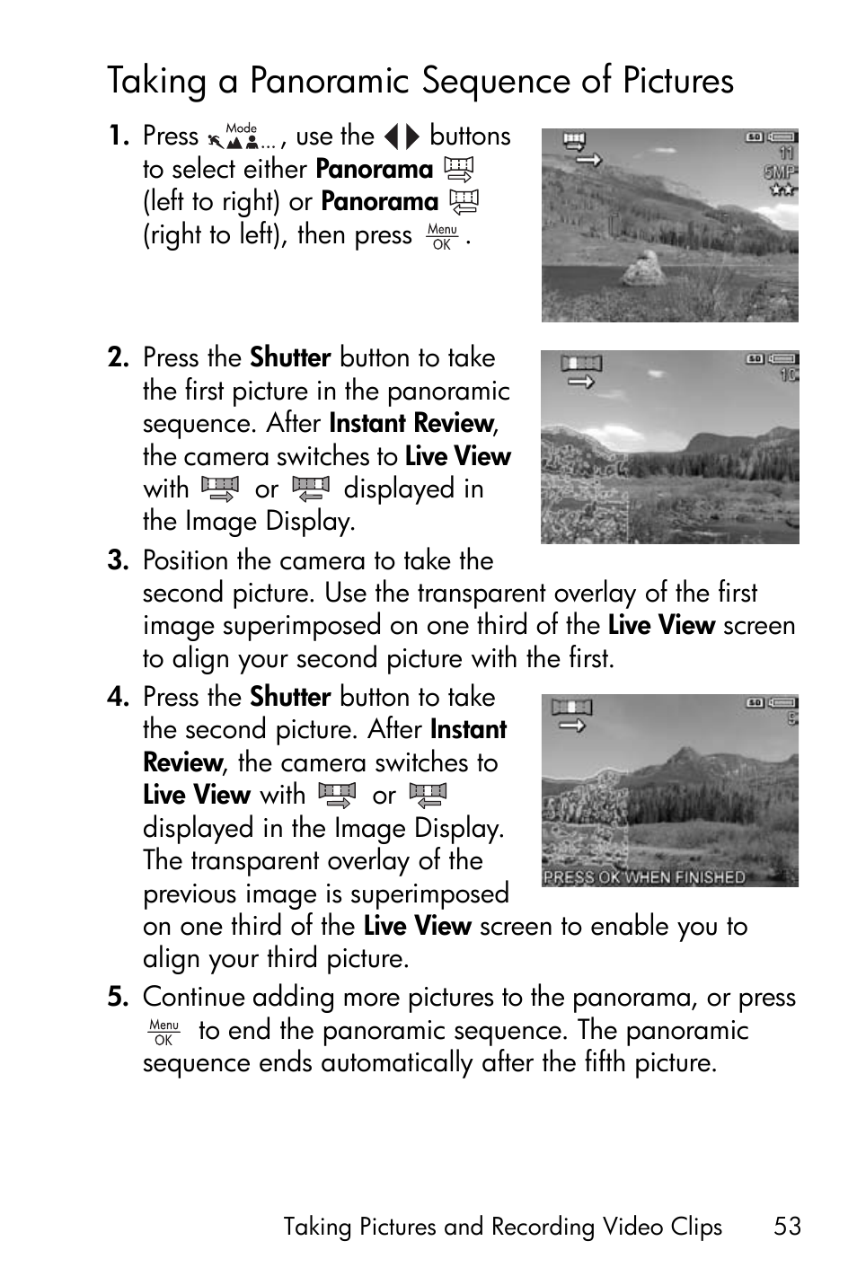 Taking a panoramic sequence of pictures, Taking a panoramic sequence, Of pictures | HP R818 User Manual | Page 53 / 200