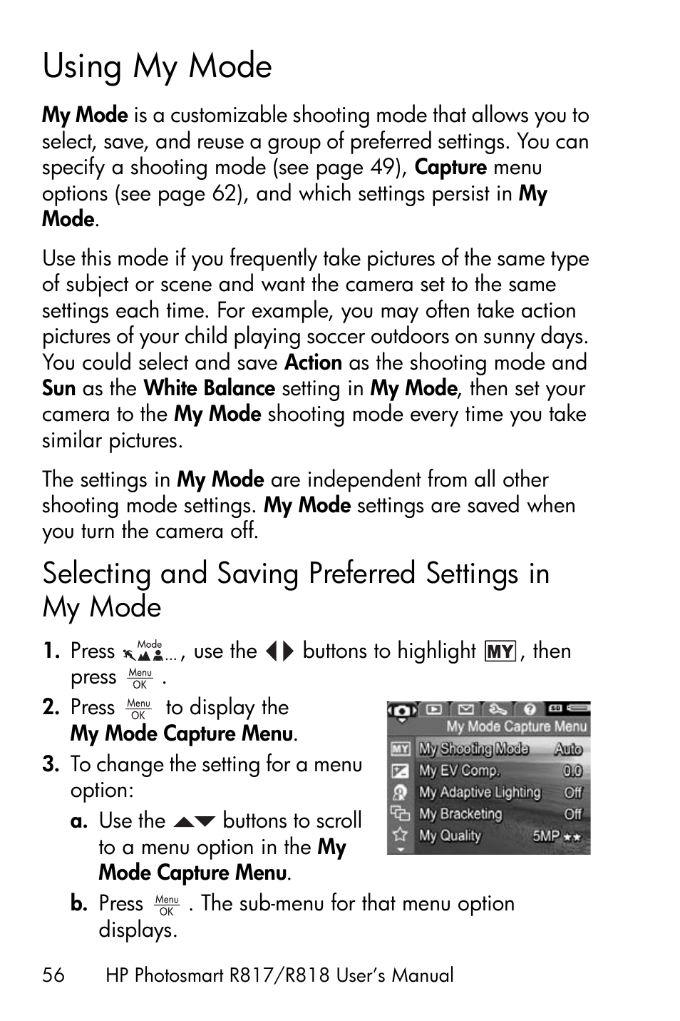 Using my mode, Selecting and saving preferred settings in my mode, Selecting and saving preferred settings | In my mode | HP R818 User Manual | Page 56 / 200