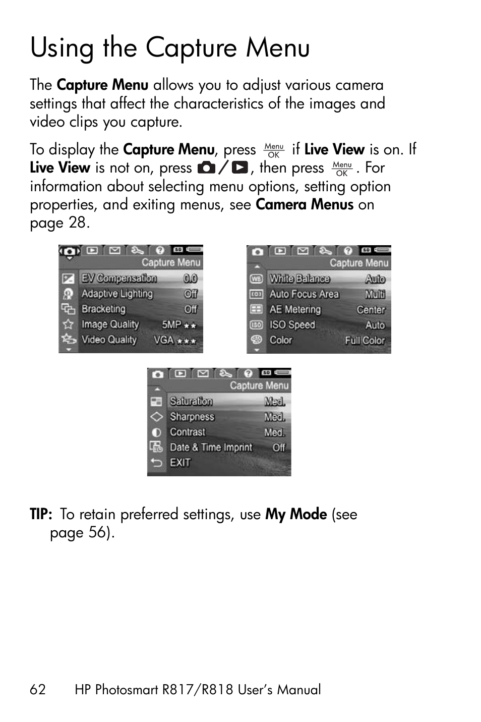 Using the capture menu, Using the capture menu on | HP R818 User Manual | Page 62 / 200