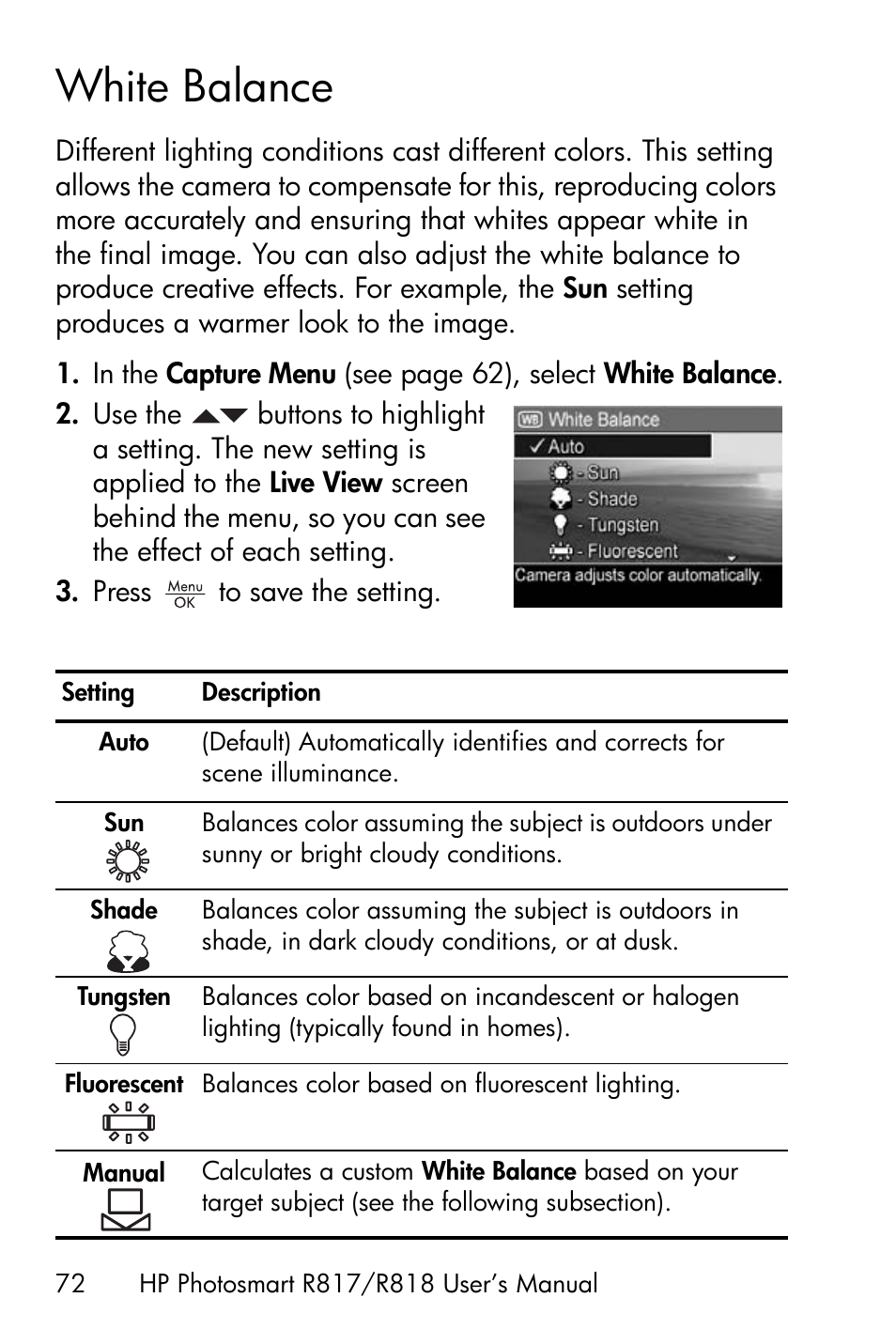 White balance | HP R818 User Manual | Page 72 / 200