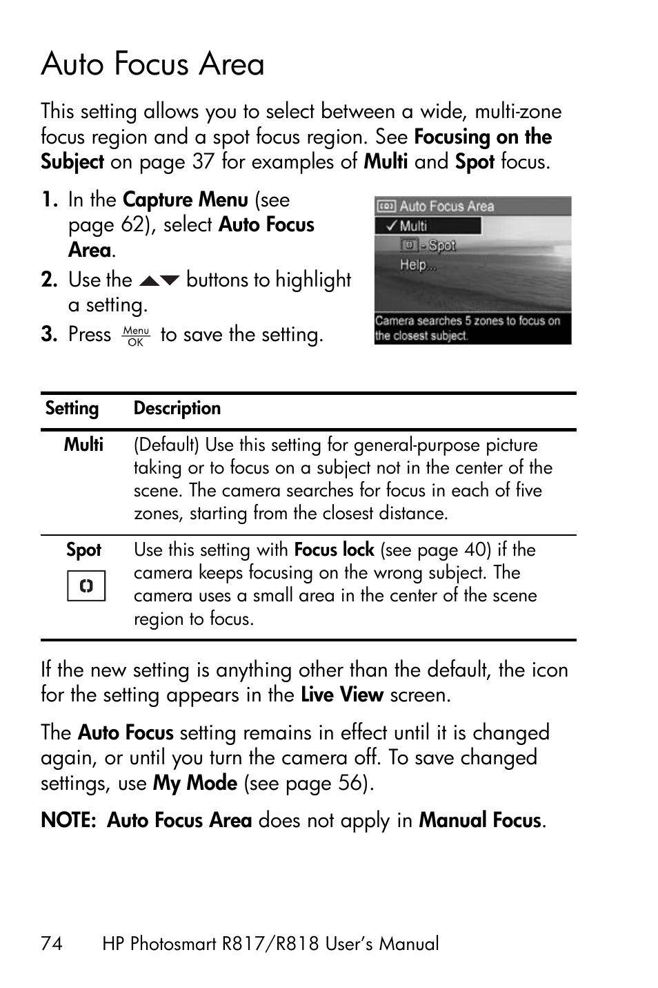 Auto focus area | HP R818 User Manual | Page 74 / 200