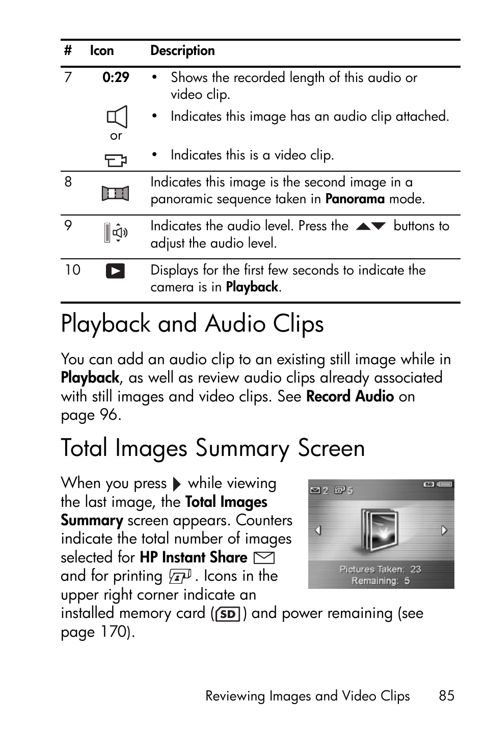 Playback and audio clips, Total images summary screen | HP R818 User Manual | Page 85 / 200
