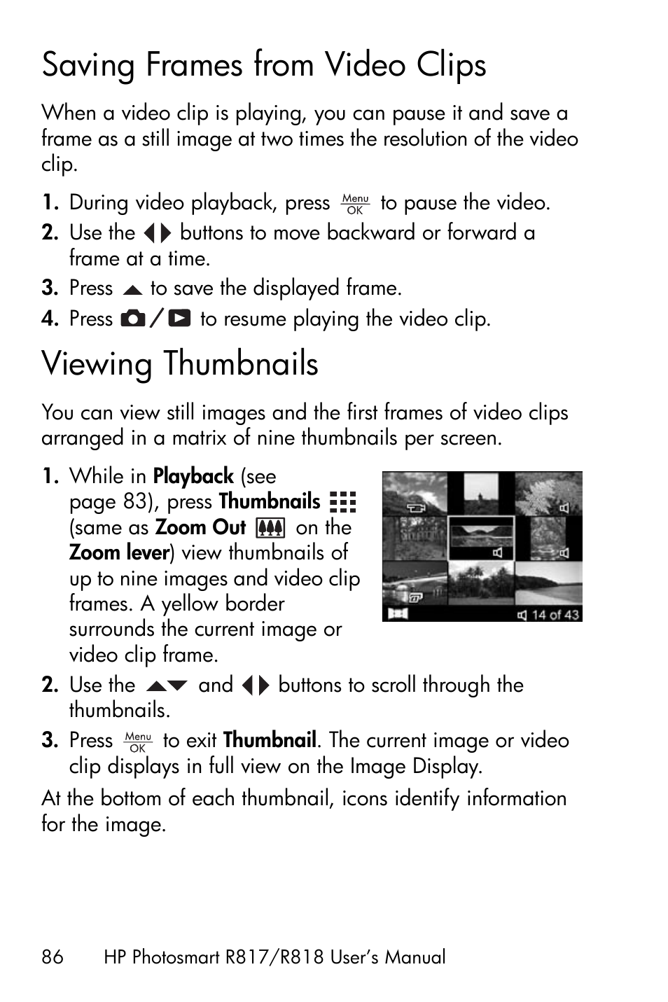 Saving frames from video clips, Viewing thumbnails | HP R818 User Manual | Page 86 / 200