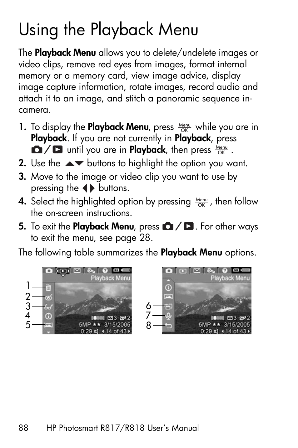 Using the playback menu, Using the playback menu on | HP R818 User Manual | Page 88 / 200
