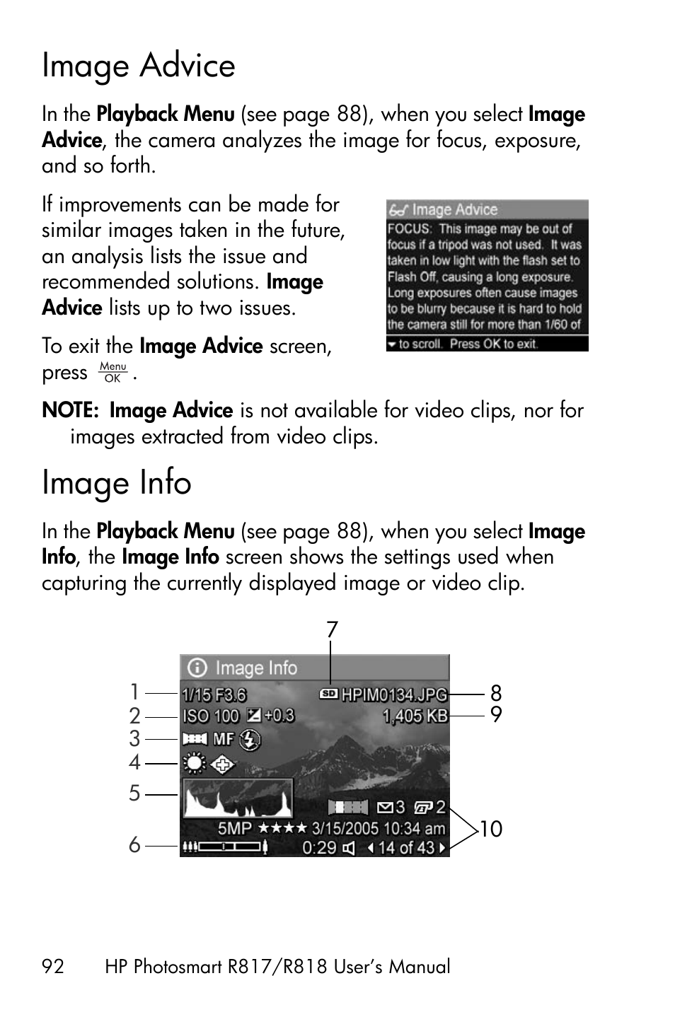 Image advice, Image info | HP R818 User Manual | Page 92 / 200