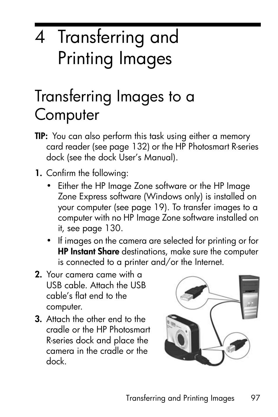 Transferring and printing images, Transferring images to a computer, Ee transferring images to a | 4 transferring and printing images | HP R818 User Manual | Page 97 / 200