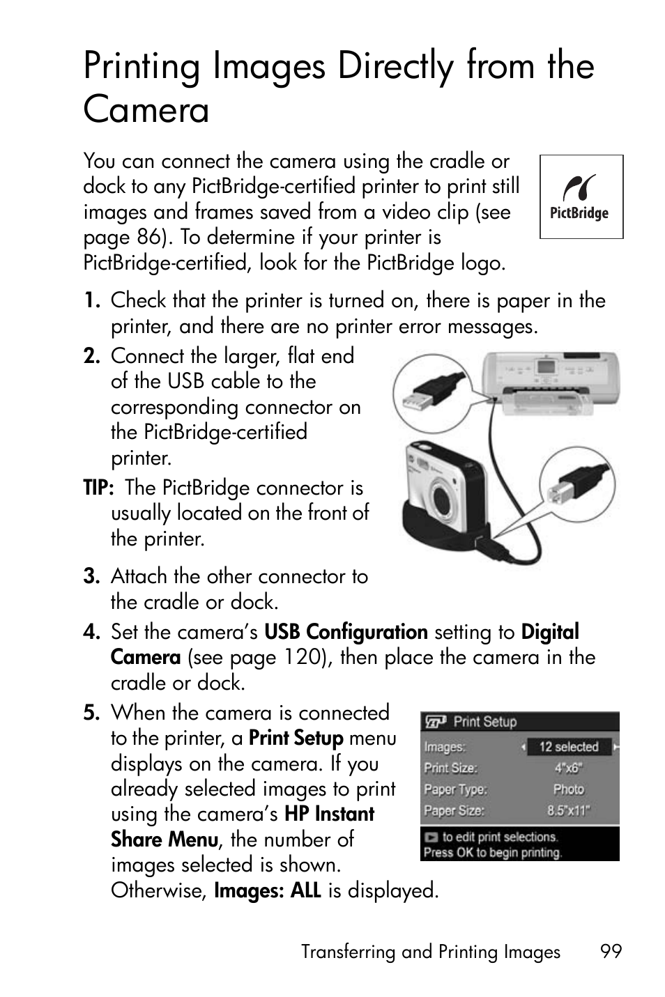 Printing images directly from the camera | HP R818 User Manual | Page 99 / 200