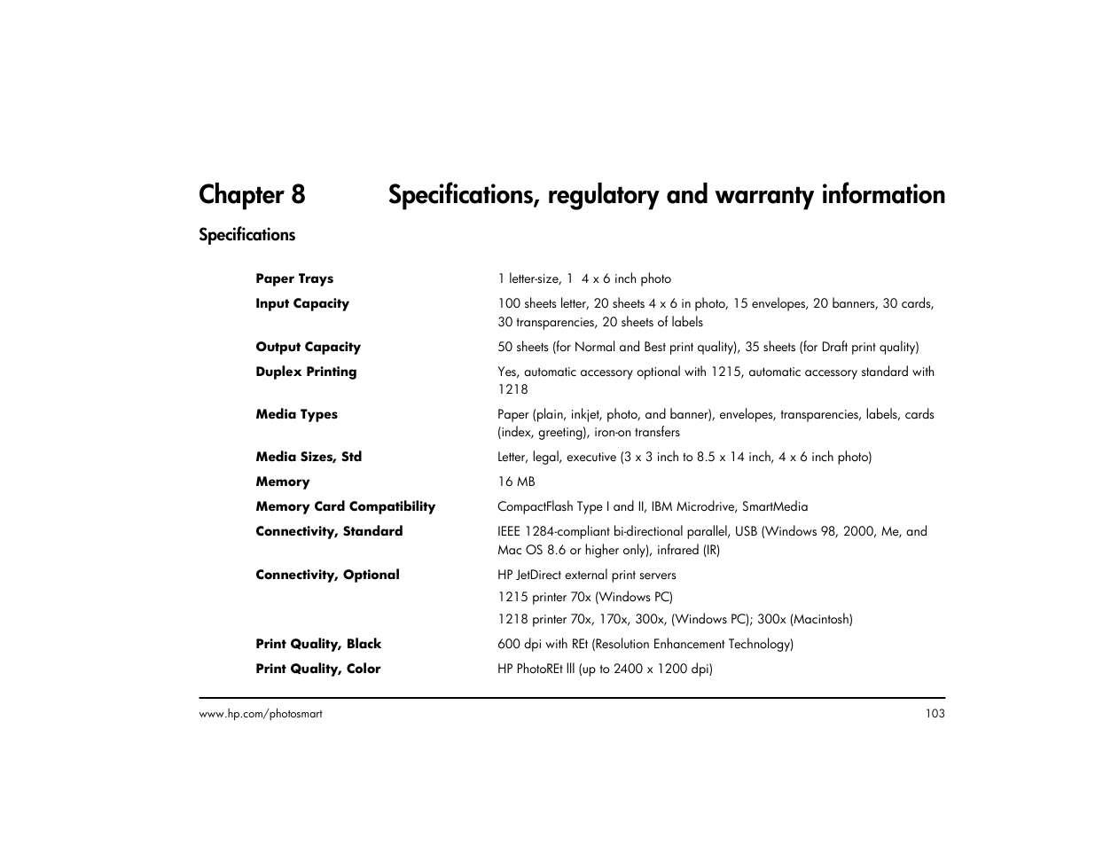 Specifications | HP 1215 User Manual | Page 109 / 127